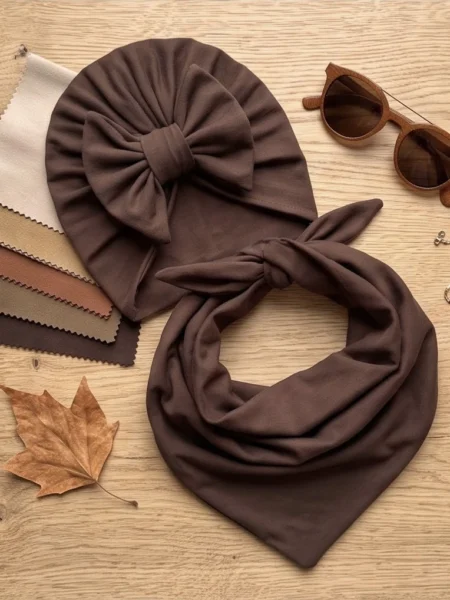 Komplet turban z kokardą i chusta (mleczna czekolada)