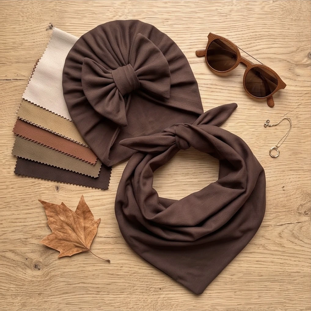 Komplet turban z kokardą i chusta (mleczna czekolada)