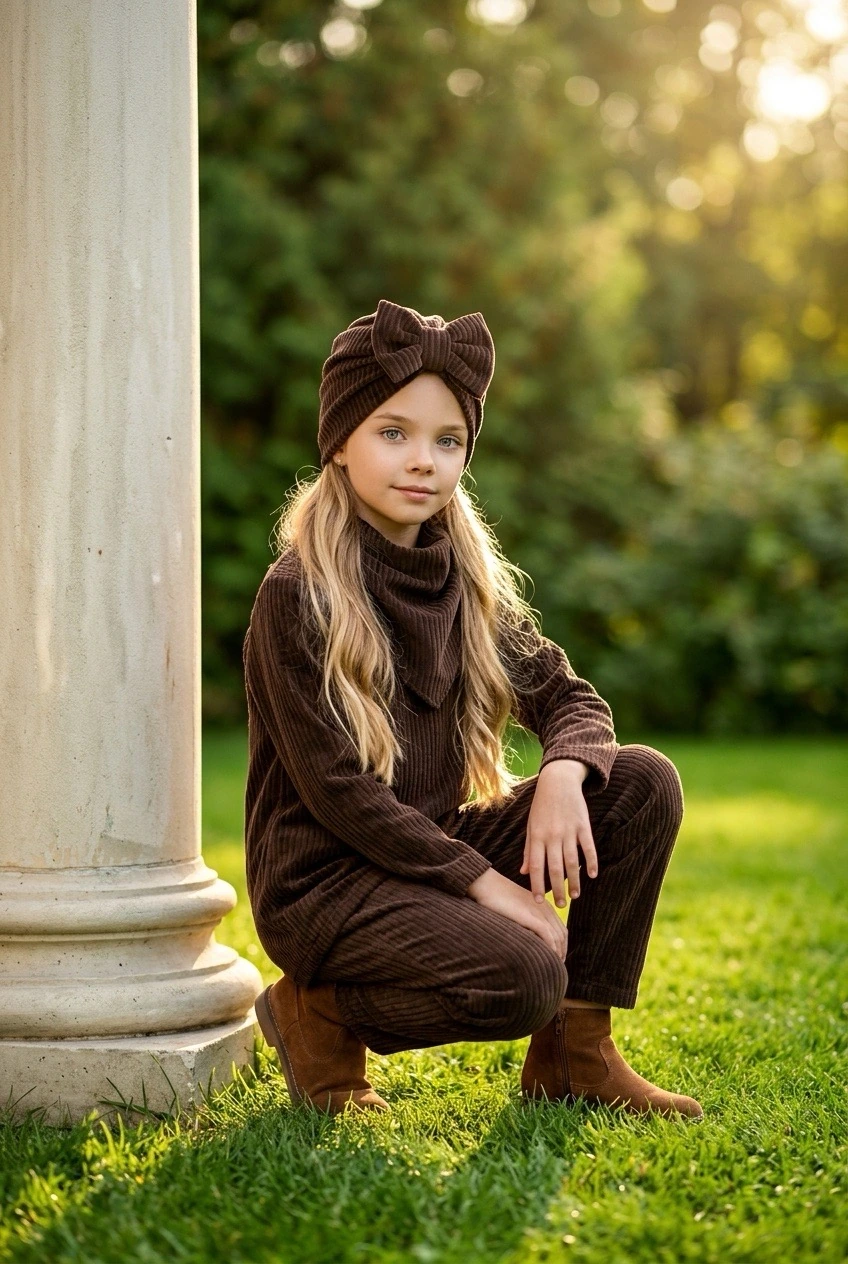 Komplet prążek welur turban z kokardą i chusta (choco) - obrazek 2