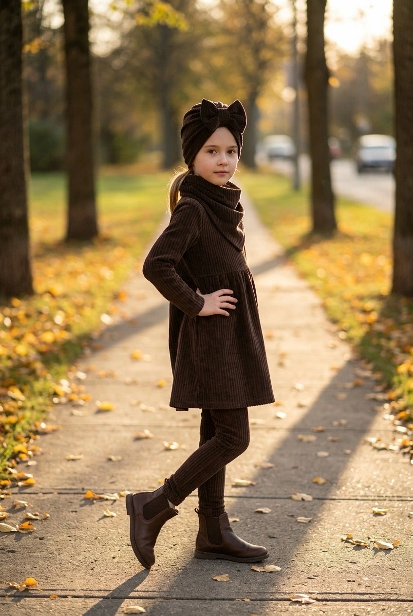 Komplet prążek welur turban z kokardą i chusta (choco) - obrazek 4