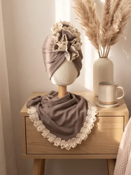 Komplet welurowy turban i chusta koronka (mocca)