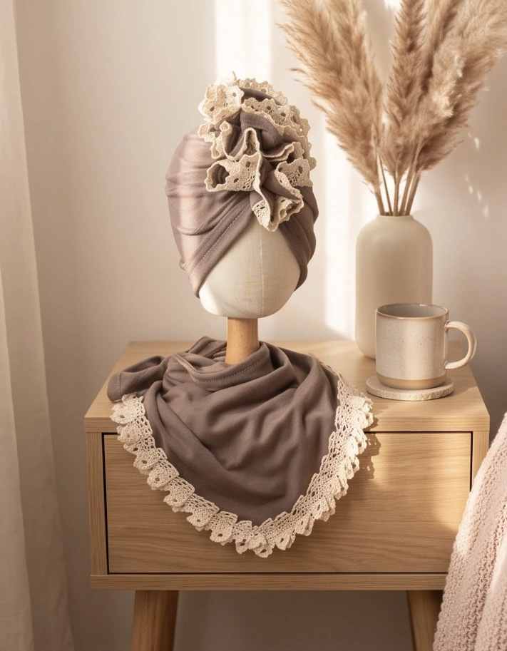 Komplet welurowy turban i chusta koronka (mocca)