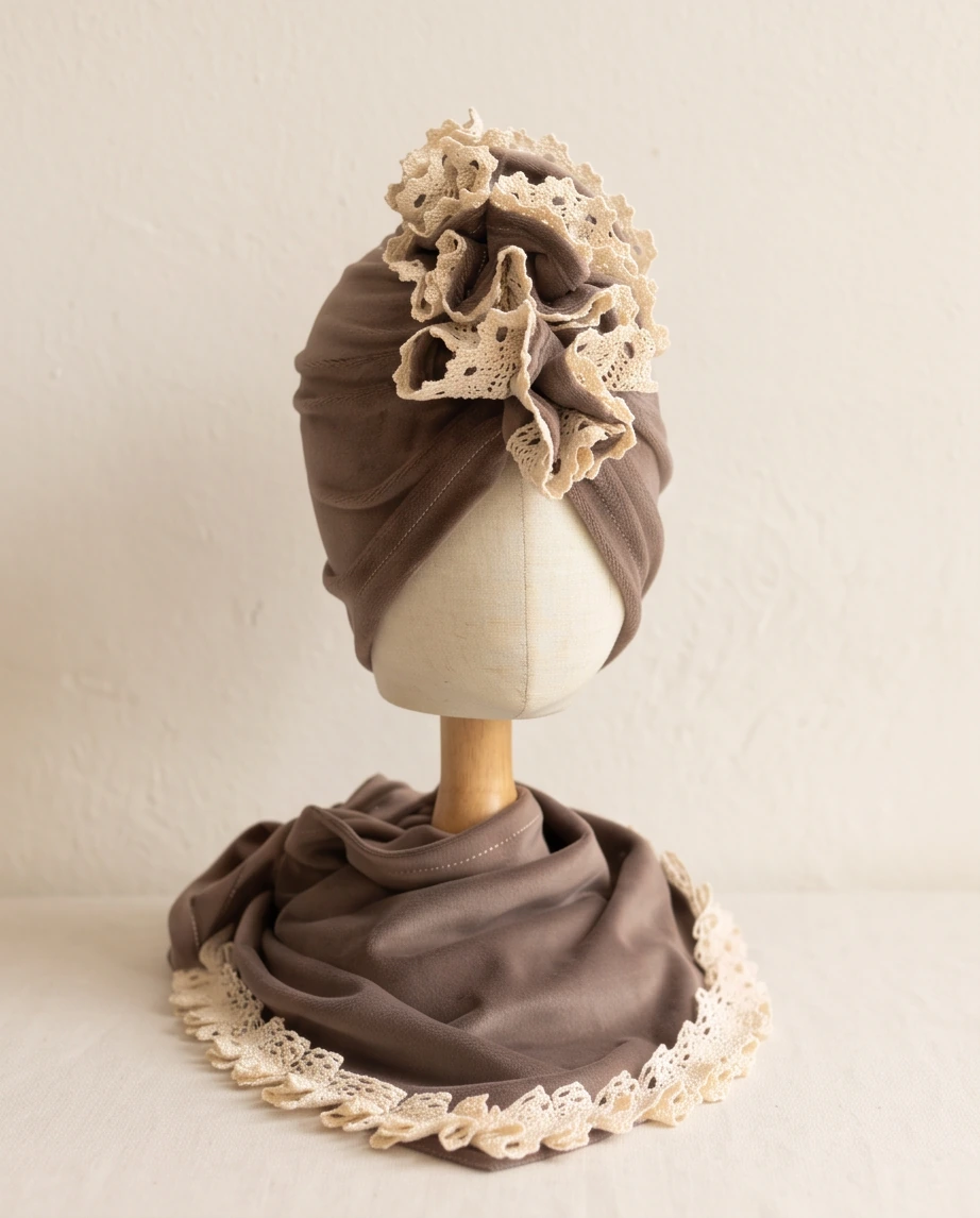 Komplet welurowy turban i chusta koronka (mocca) - obrazek 2