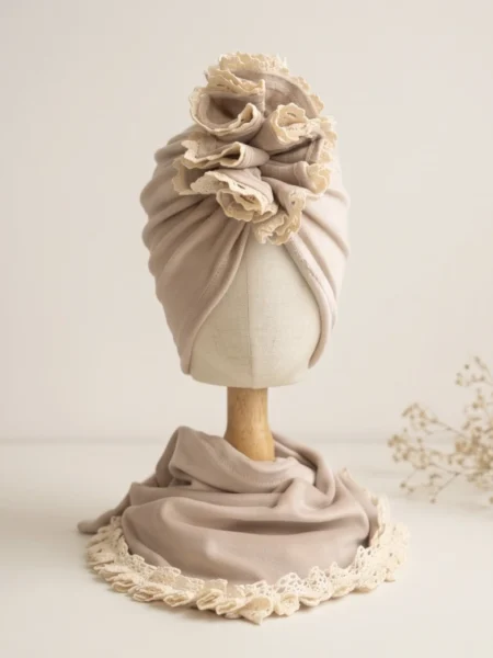 Komplet welurowy turban i chusta koronka (jasny beż)