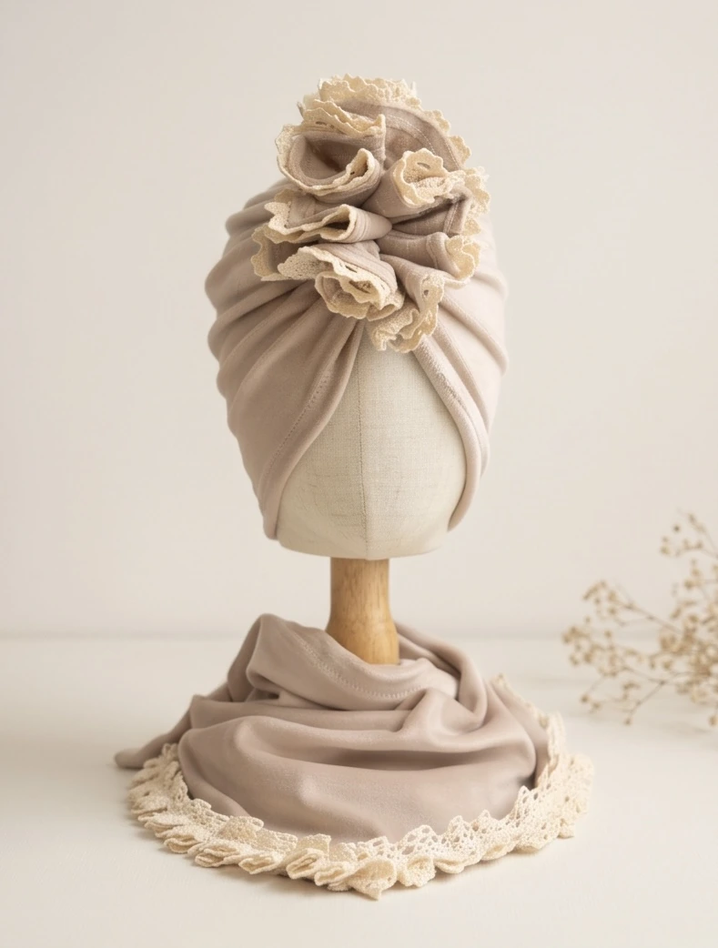 Komplet welurowy turban i chusta koronka (jasny beż)