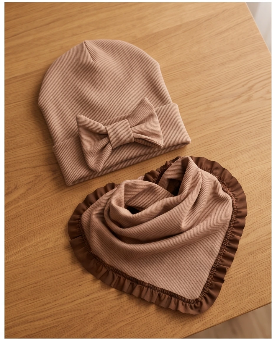Komplet prążek czapka z kokardą i chusta (latte) - obrazek 4