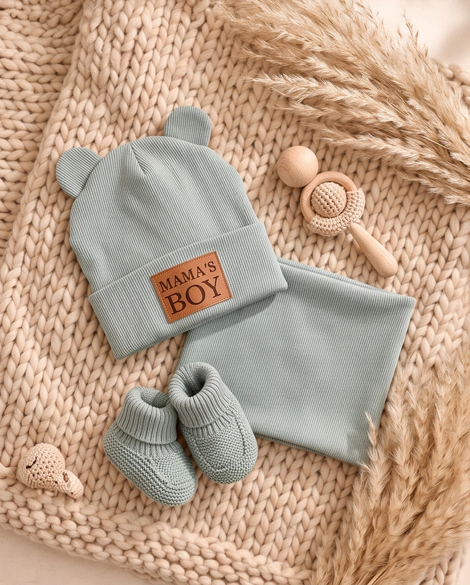 Komplet czapka z uszkami i komin prążek (mineral blue) - obrazek 2