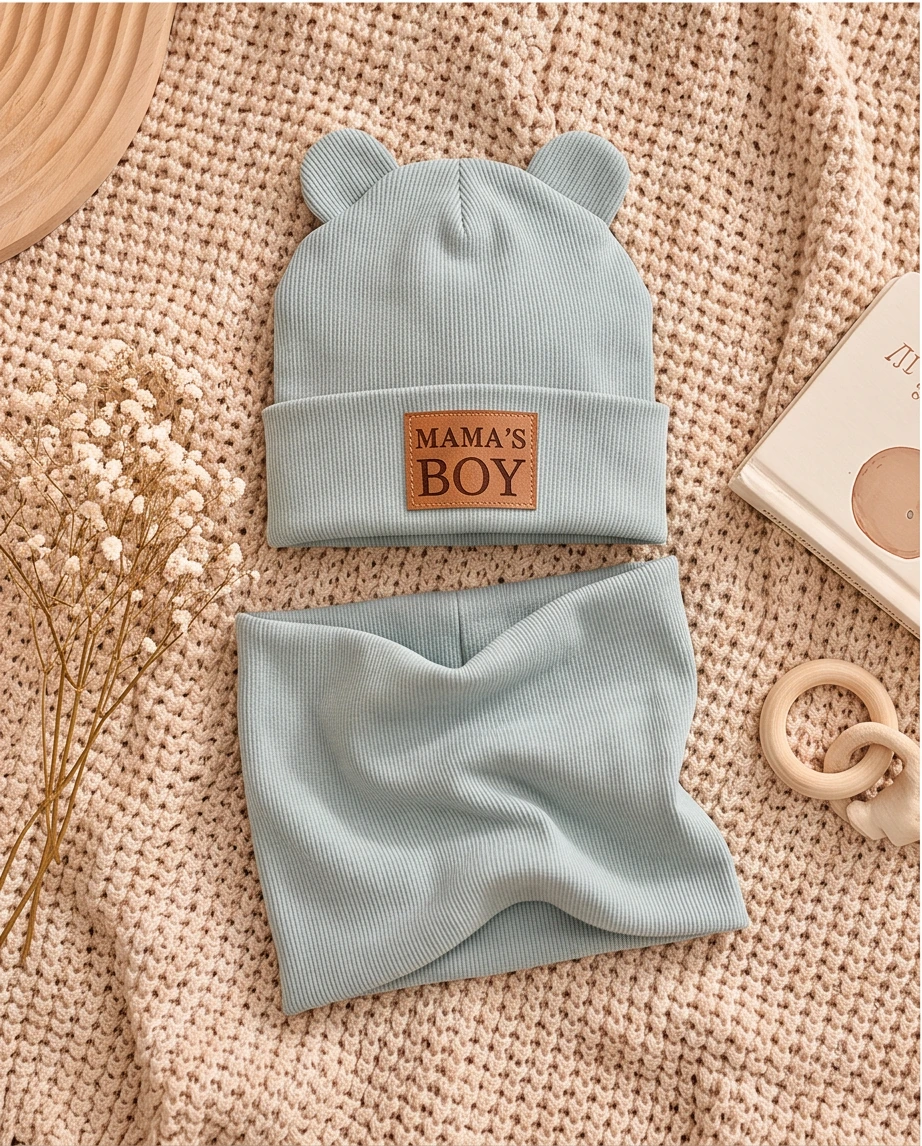 Komplet czapka z uszkami i komin prążek (mineral blue) - obrazek 4
