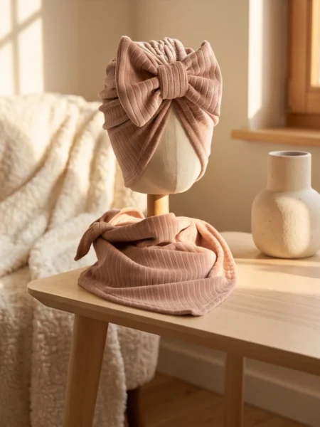 Komplet prążek welur turban z kokardą i chustą (latte)