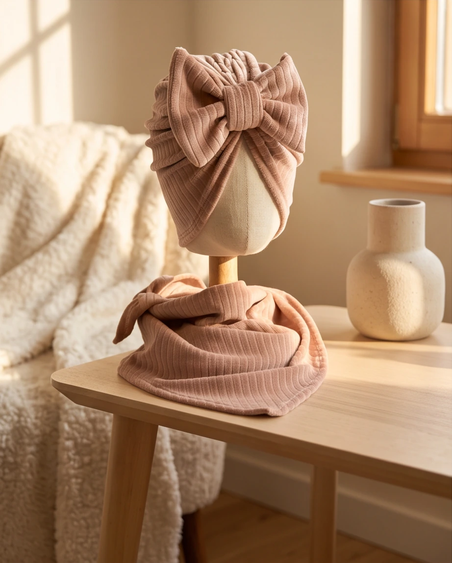 Komplet prążek welur turban z kokardą i chustą (latte)