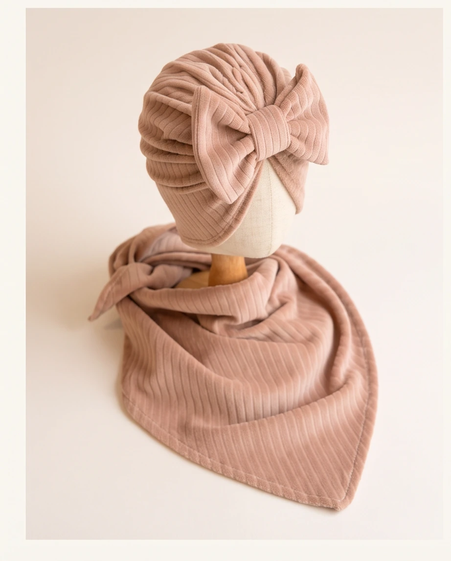 Komplet prążek welur turban z kokardą i chustą (latte) - obrazek 2