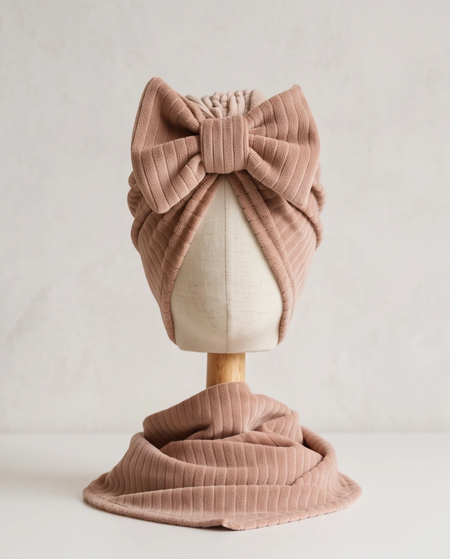 Komplet prążek welur turban z kokardą i chustą (latte) - obrazek 4