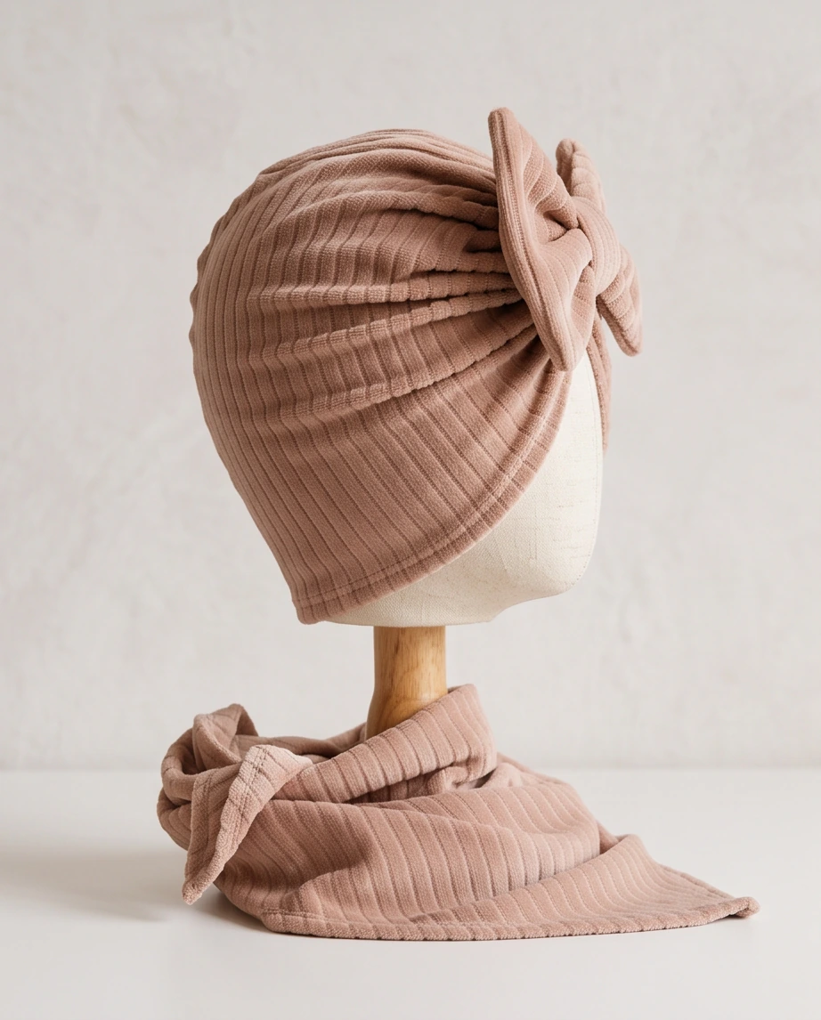 Komplet prążek welur turban z kokardą i chustą (latte) - obrazek 3