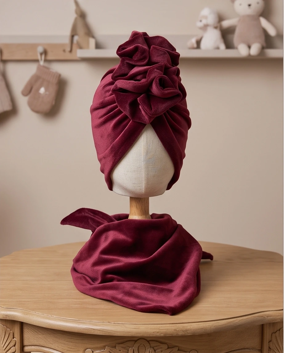 Komplet zimowy welurowy turban z falbaną i chusta (burgund) - obrazek 4