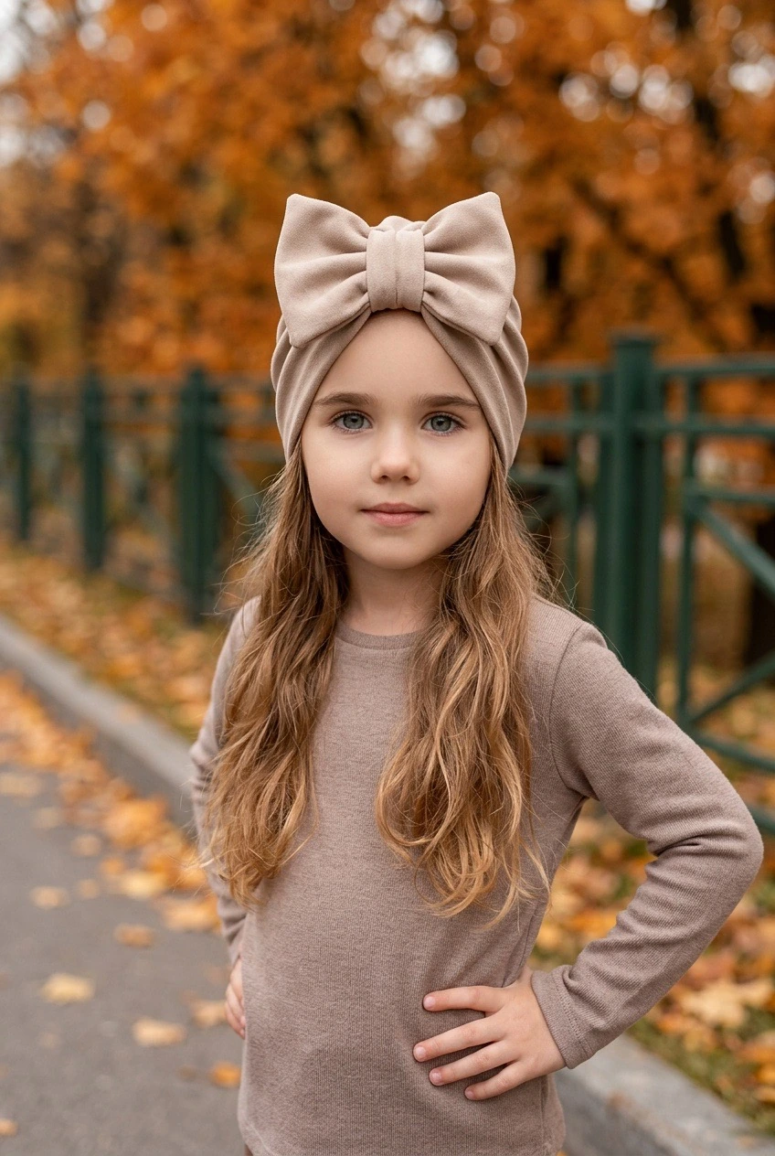 Turban dla dziewczynki z kokardą (jasny beż)