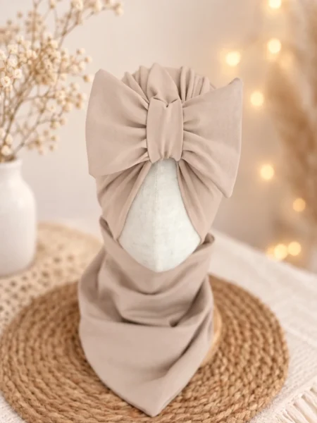 Komplet turban z kokardą i chusta (jasny beż)
