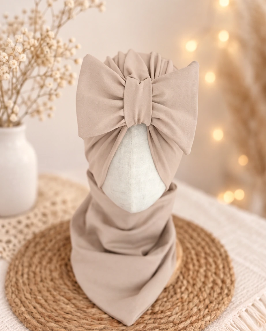 Komplet turban z kokardą i chusta (jasny beż)
