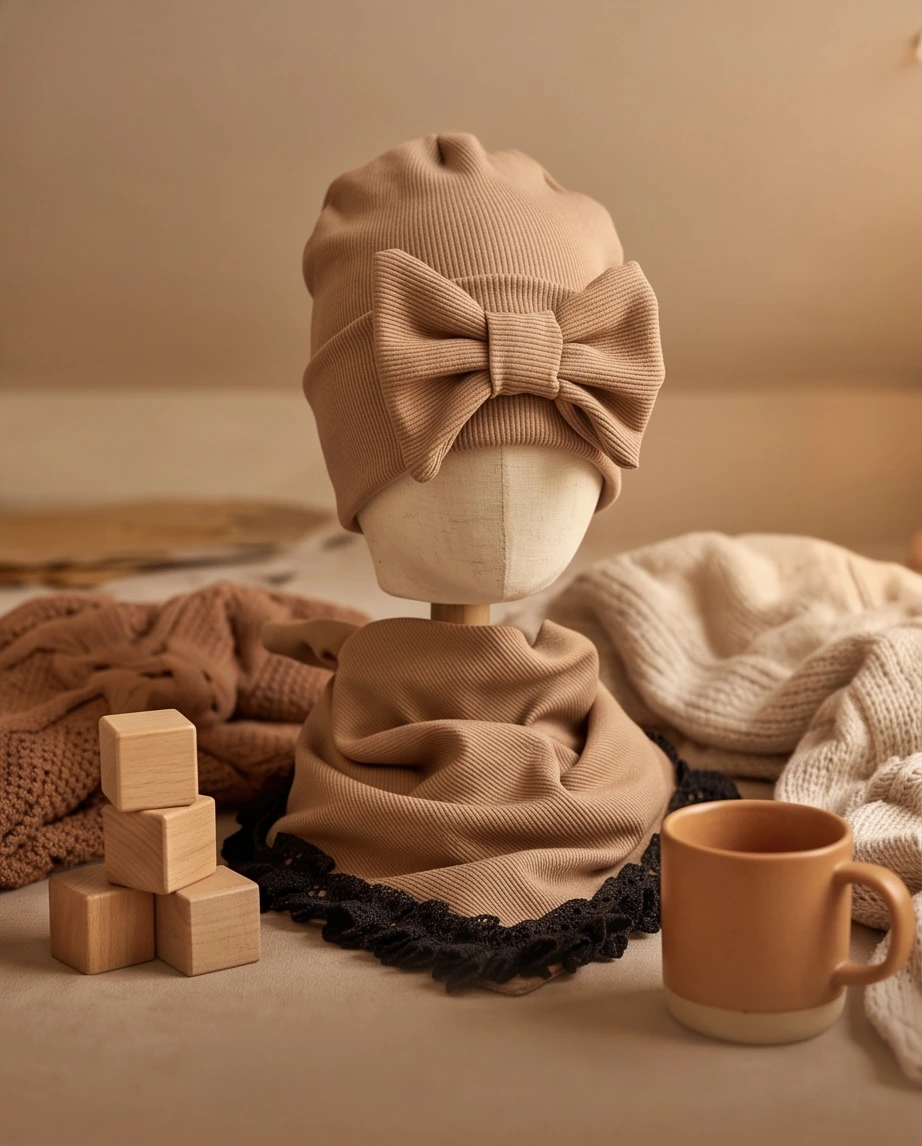 Komplet prążek czapka z kokardą i chusta z koronką (latte) - obrazek 2