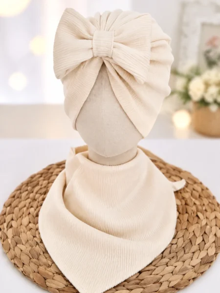 Komplet turban z kokardą i chusta (wanilia prążek)