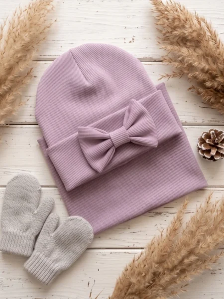 Komplet czapka beanie i komin prążek (jasny fiolet)