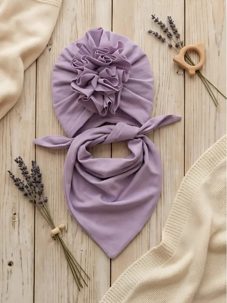 Komplet turban z falbaną i chusta (jasny fiolet)