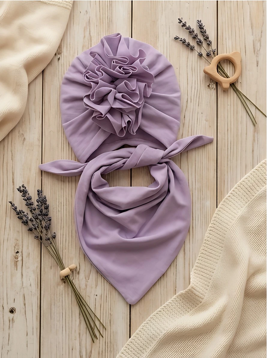Komplet turban z falbaną i chusta (jasny fiolet)