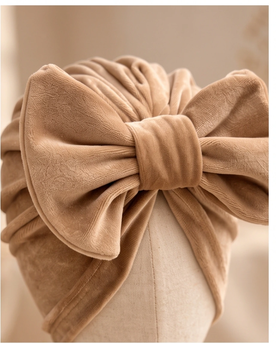 Komplet welurowy turban i chusta falbanka (camel) - obrazek 4