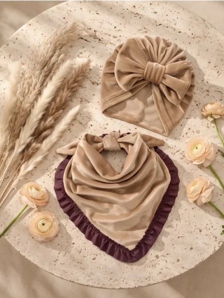 Komplet welurowy turban i chusta falbanka (camel)