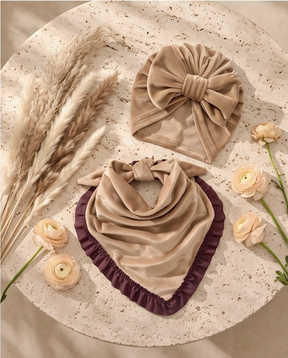 Komplet welurowy turban i chusta falbanka (camel)