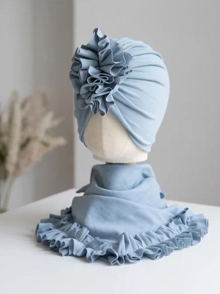 Komplet turban z falbaną i chusta z falbaną (ice blue)