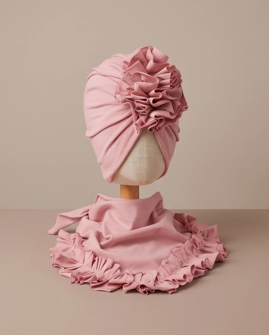 Komplet turban z falbaną i chusta z falbaną (pudrowy róż) - obrazek 4
