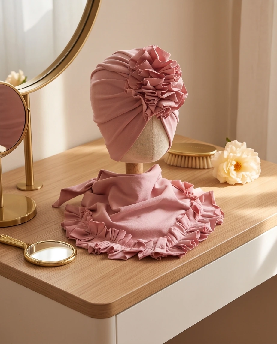 Komplet turban z falbaną i chusta z falbaną (pudrowy róż) - obrazek 3