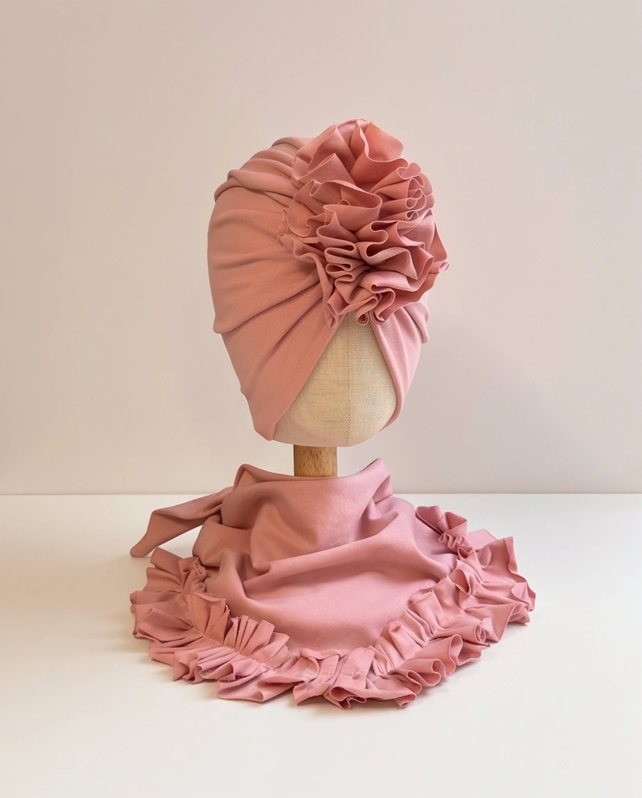 Komplet turban z falbaną i chusta z falbaną (pudrowy róż) - obrazek 2