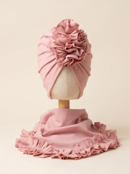 Komplet turban z falbaną i chusta z falbaną (pudrowy róż)