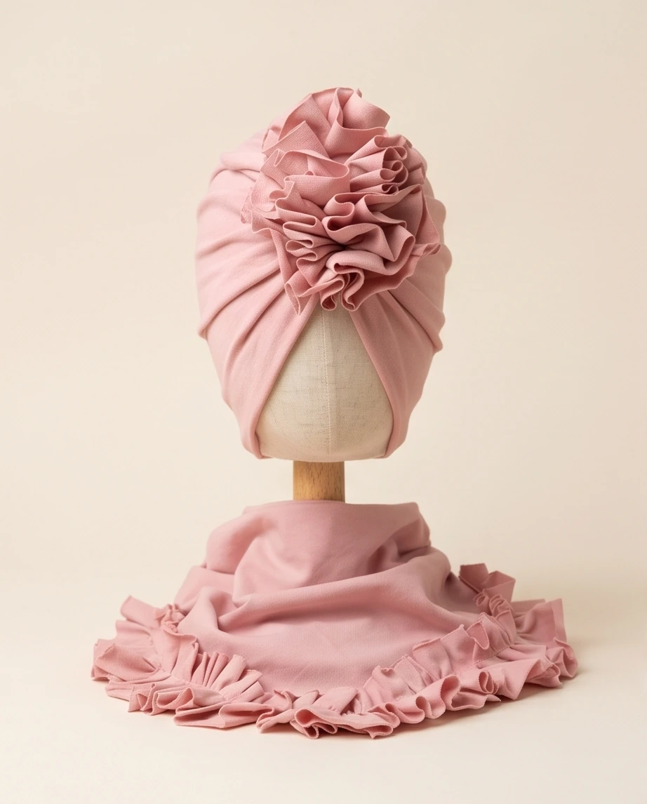 Komplet turban z falbaną i chusta z falbaną (pudrowy róż)