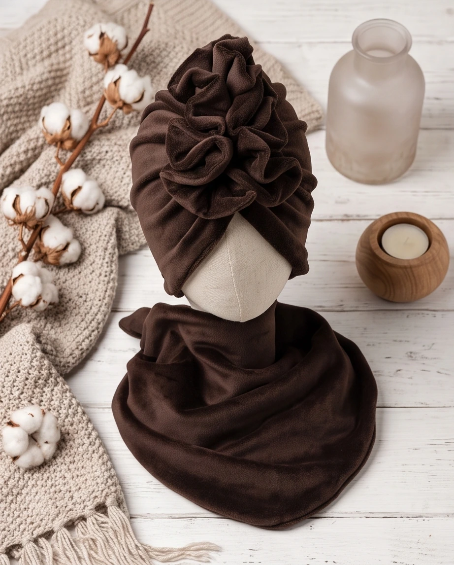 Komplet welurowy turban z falbaną i chusta (brązowy)