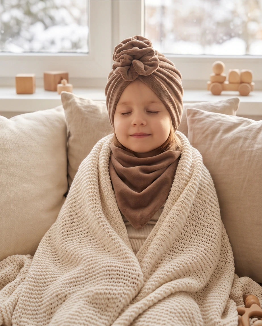 Komplet welurowy turban z falbaną i chusta (mocca) - obrazek 5