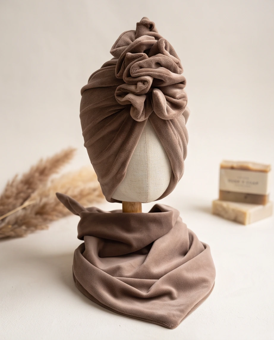 Komplet welurowy turban z falbaną i chusta (mocca) - obrazek 2