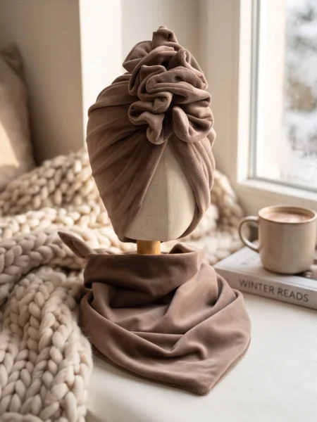 Komplet welurowy turban z falbaną i chusta (mocca)