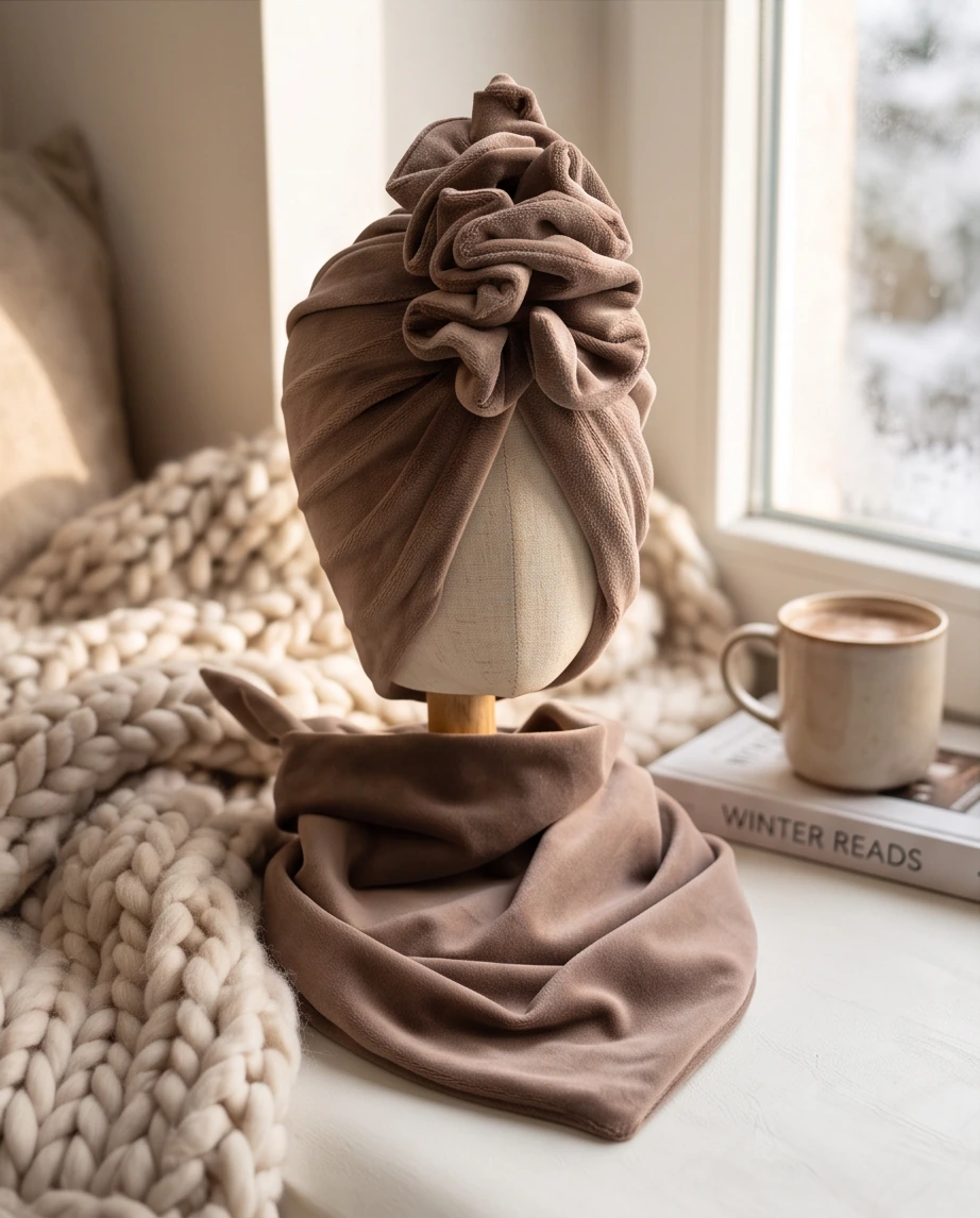 Komplet welurowy turban z falbaną i chusta (mocca)