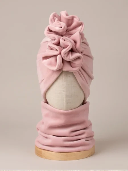 Komplet welurowy turban i komin (pudrowy jasny róż)
