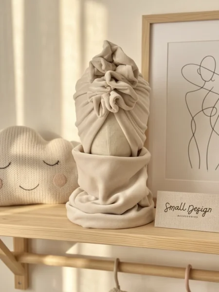 Komplet welurowy turban i komin (jasny beż)