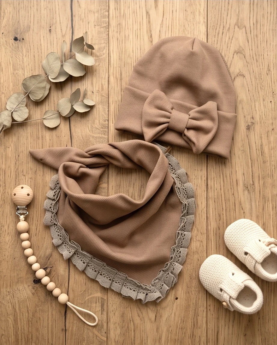 Komplet prążek czapka z kokardą i chusta z koronką (latte) - obrazek 4