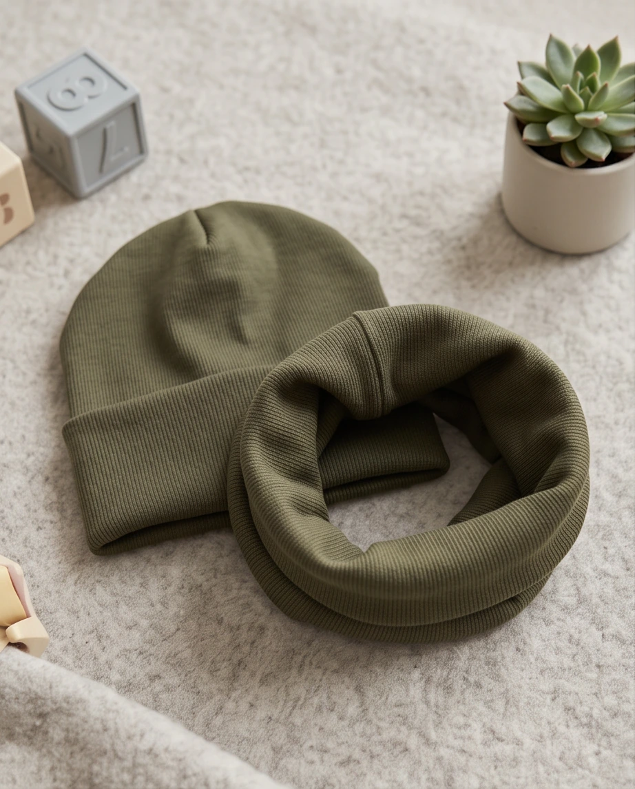 Komplet dziecięcy z prążka czapka i komin - khaki - obrazek 2