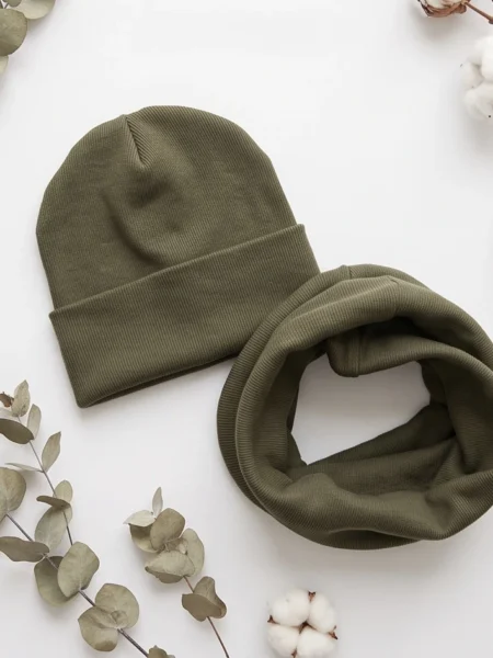Komplet dziecięcy z prążka czapka i komin - khaki