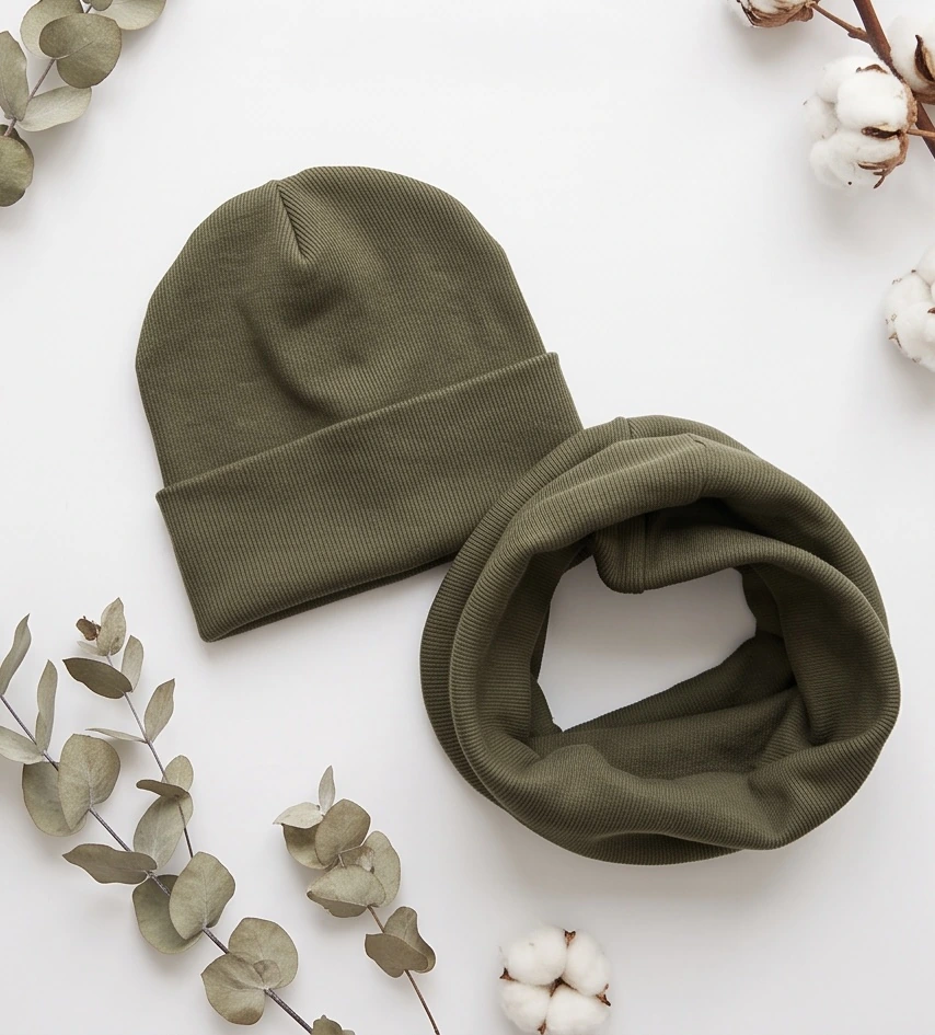 Komplet dziecięcy z prążka czapka i komin - khaki